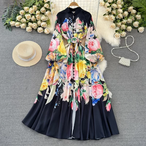 LE1934 2025 Vintage Floral Print Evening Gown Court Style Lantern Long Sleevebelted Single-Breasted A-Line Women Maxi Dress