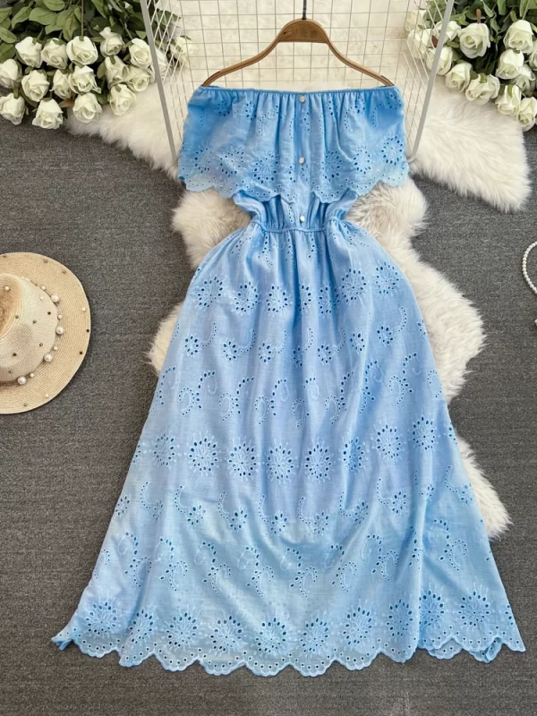 LE2130 Summer Holiday Women'S Casual Dress One-Line Shoulder Ruffled Elastic Waist Midi Dress High-Grade Embroidery Long Dress - Image 4