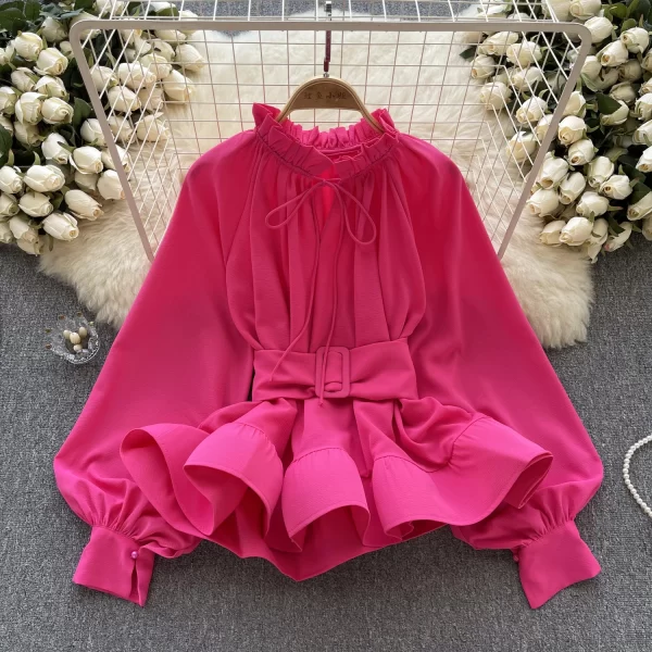 LE4021 Light Luxury French Retro Court Style Waist Tied With Ruffled Shirt Female Niche Chic Long-Sleeved Blouse