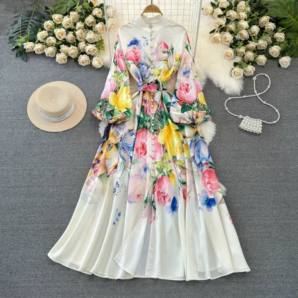 LE1934 2025 Vintage Floral Print Evening Gown Court Style Lantern Long Sleevebelted Single-Breasted A-Line Women Maxi Dress - Image 2
