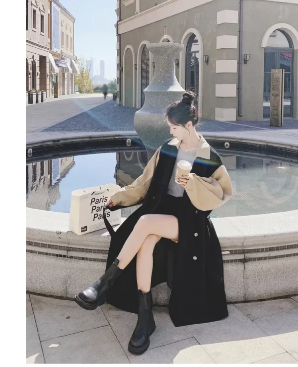 LE4562 Autumn New Design Sense Long Coat Women Trench Coat Women'S Autumn Mid-Length Over the Knee Slimming Black Coat - Image 4