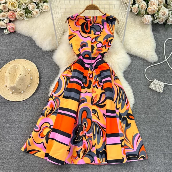 LE1407 Senior Sense of Retro Sleeveless Round Neck Print Boutique Dresses Elegant Large Hem Evening Long Dresses - Image 2
