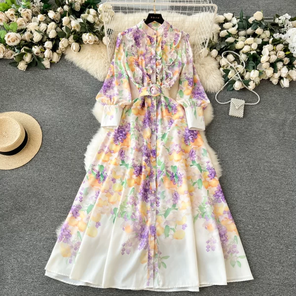 LE1900 2025 New Floral Series Sweet Ruffled Design Print Belted Long Dress French Holiday Style Elegant Office Party Maxi Dress - Image 3