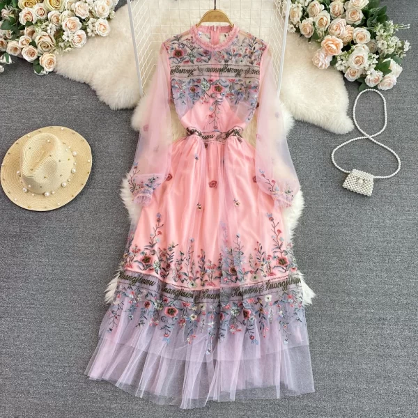 LE2145 2025 Vintage Tulle Midi Women'S Dress Temperament O-Neck Gauze Embroidery A-Line Flounce Socialite Long Evening Dress - Image 2