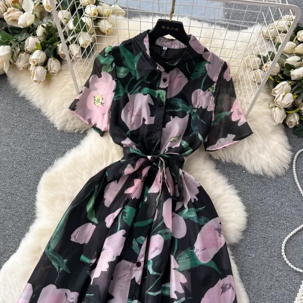 LE1921 Gentle Polo Collar Shirt Dress Female Summer Luxury Strap Waist Commuter Small Temperament Flower Print Dress - Image 3
