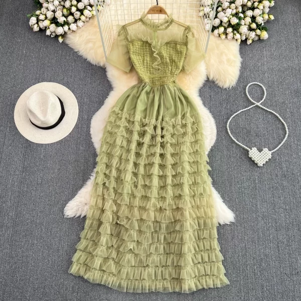 LE2146 Summer Vintage Style Socialite Party Tulle Evening Gown Stand Collar Lace Patchwork A-Line Cake Dress Elegant Long Dress - Image 3