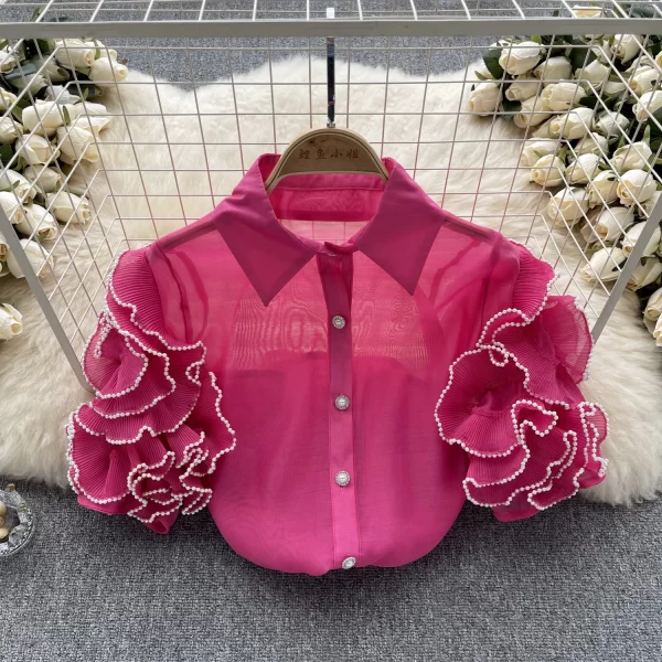 LE4041 Retro Court Gauze Shirt Three-Dimensional Flower Design Sense Niche Unique Daughter Miss Light Luxury Blouse - Image 5