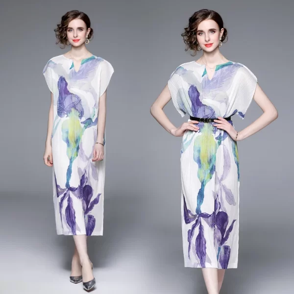 LE1475 V-neck Miyake Wrinkled Large Size Temperament Urban Women'S Dress Long Loose Butterfly Sleeve Floral Print Dress With Be - Image 2