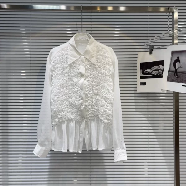 LE2060 New Small Fragrance Gauze Pleated Three-Dimensional Flower Solid Color Chiffon Loose Shirt - Image 2