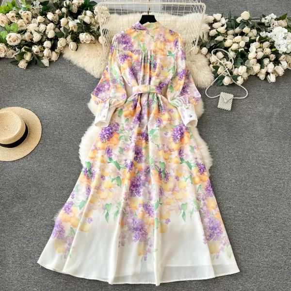 LE1900 2025 New Floral Series Sweet Ruffled Design Print Belted Long Dress French Holiday Style Elegant Office Party Maxi Dress - Image 4