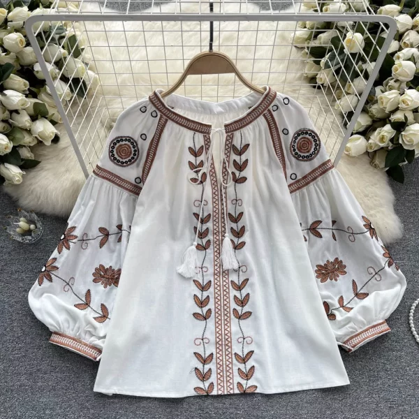 LE4035 Embroidery Shirt Ethnic Style Design Sense Fringe Long Sleeve Loose Tie Round Neck Puffy Sleeve Top for Women - Image 3