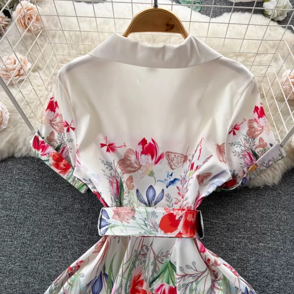 LE1456 Summer New Suit Collar Temperament Celebrity Waist Printing Chiffon Dress Female Short-sleeved Sweet Pleated Fairy Dress - Image 5