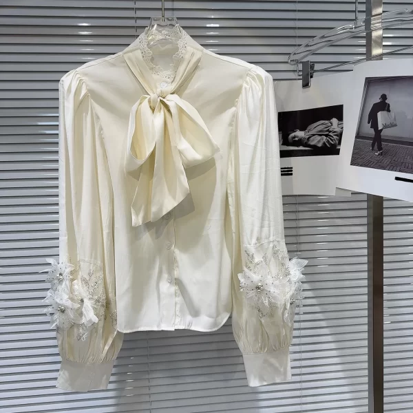 LE2045 New French Style Small Fragrance Cuff Flower Decoration Tie Solid Color Blouse - Image 4