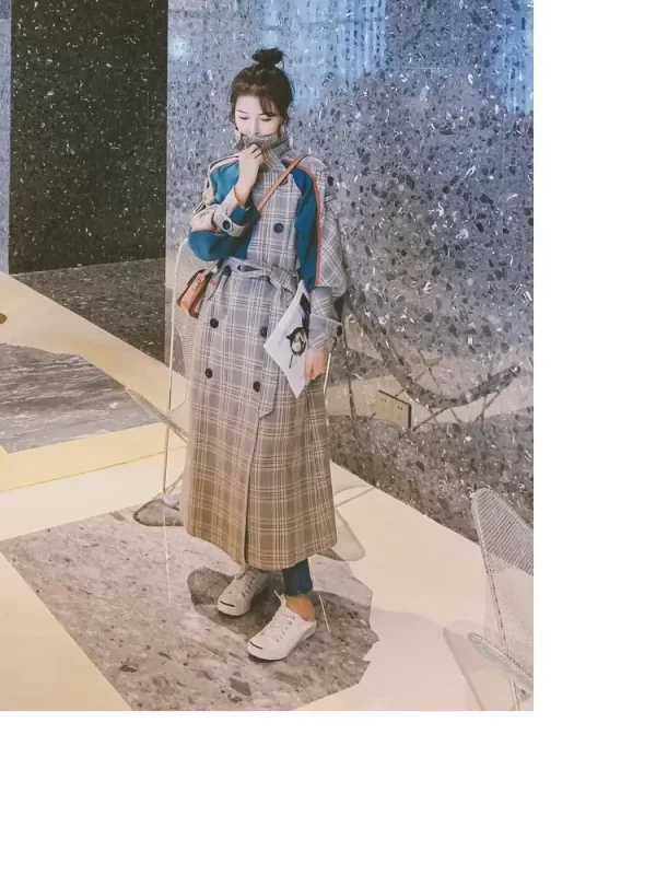 LE4546 New Medium Trench Coat Long Small Autumn Korean Version of Loose Splicing Color Contrast Temperament Coat - Image 6
