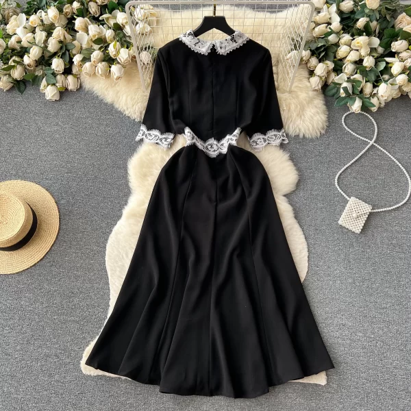 LE1920 Sprin/ Summer New Lace Patchwork Lapel Evening Dress Three-Dimensional Cut Slim Office Party Midi Dress - Image 2