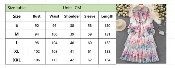 LE1924 Spring Gentle Chiffon Floral Print Dress Vintage Bow Lace-Up Lantern Long Sleeve Cake Dress Holiday Ladies Maxi Dress - Image 6