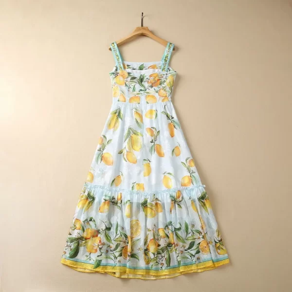LE1644 2025 Summer New Glitter Silk Burned Diamond Sequin Lemon Print Backless Dress Women'S Vacation Ethereal Halter Dress
