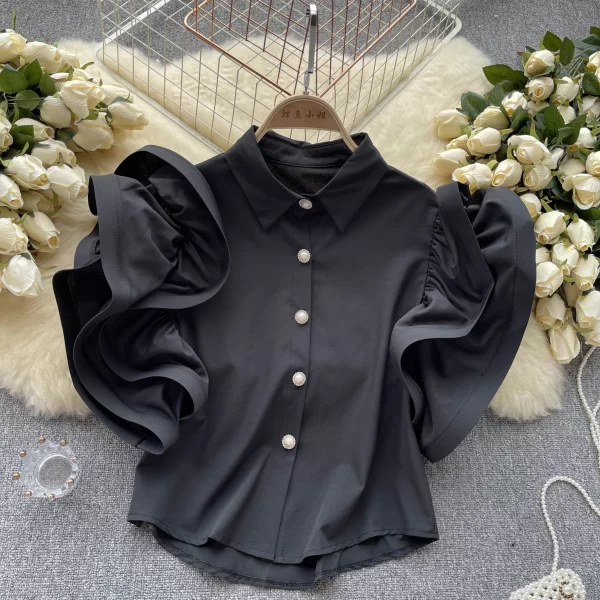 LE4026 French Niche Design Sense Ruffled Shirt Women'S Summer Dress New Fashion Style With Lapel Cardigan Top - Image 2
