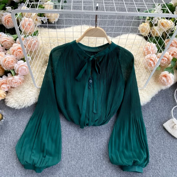 LE4028 Chiffon Long-Sleeved Shirt Women'S Pleated Lantern Sleeve Baggy All-In Candy-Colored Spring Top - Image 3