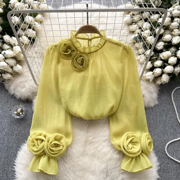 LE4001 French Shirt Niche Stereoscopic Age Reduction With Solid Color Chiffon Shirt Women'S Long-Sleeved - Image 2