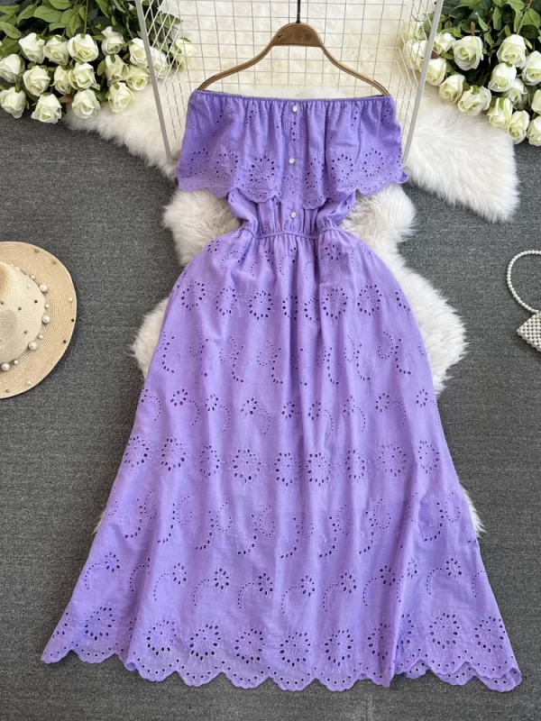 LE2130 Summer Holiday Women'S Casual Dress One-Line Shoulder Ruffled Elastic Waist Midi Dress High-Grade Embroidery Long Dress - Image 2