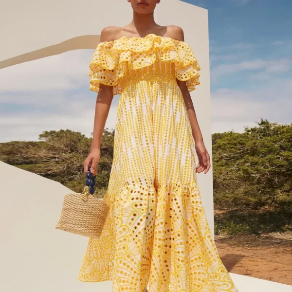 LE1631 Embroidery Elegant Dress for Women Slash Neck Short Sleeve High Waist Cut Out Midi Dresses Female Summer Clothing - Image 4