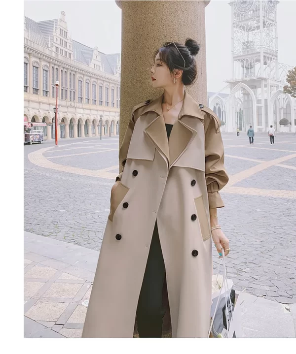 LE4571 Draped Coat Women'S Trench Coat New Spring and Autumn Long Over Knee Splicing Color Contrast Senior Sense Coat - Image 3