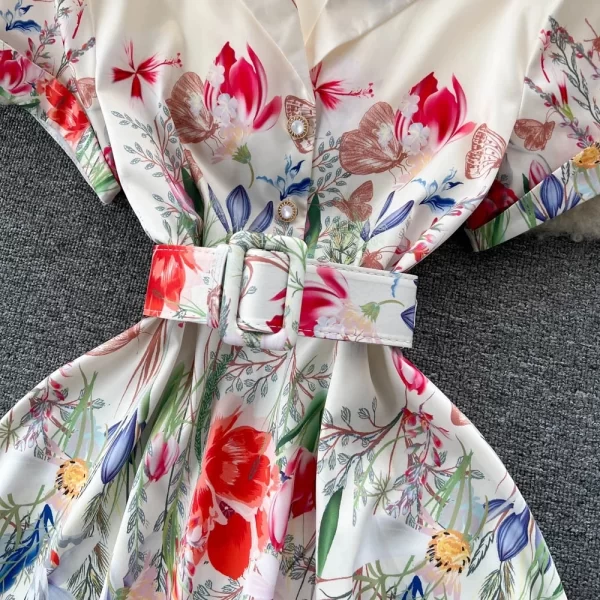 LE1456 Summer New Suit Collar Temperament Celebrity Waist Printing Chiffon Dress Female Short-sleeved Sweet Pleated Fairy Dress - Image 3