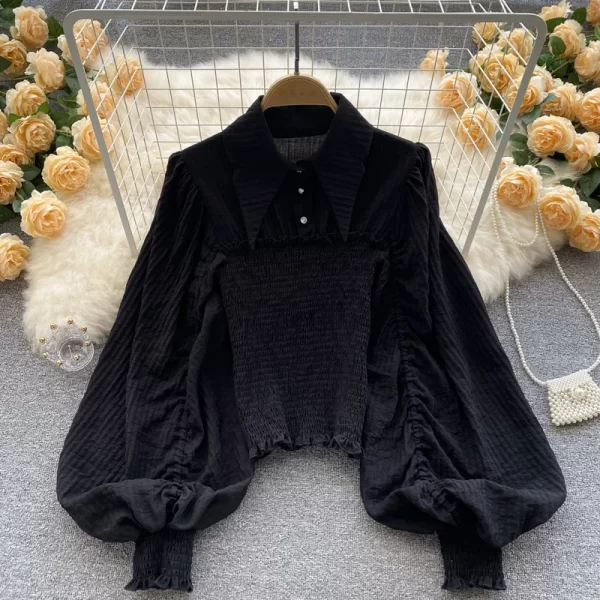 LE4033 Fashion Pleated Retro Lantern Sleeves Tucked Waist Point Collar Short Slim-Fit Shirt Ladies Style All the Top - Image 5