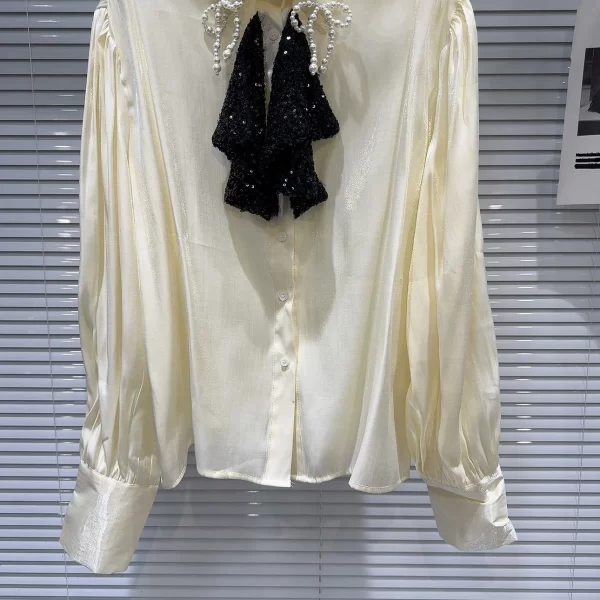 LE2048 New Small Fragrance Style Sequin Pearl Bow Embellished Solid Color Chiffon Shirt - Image 4