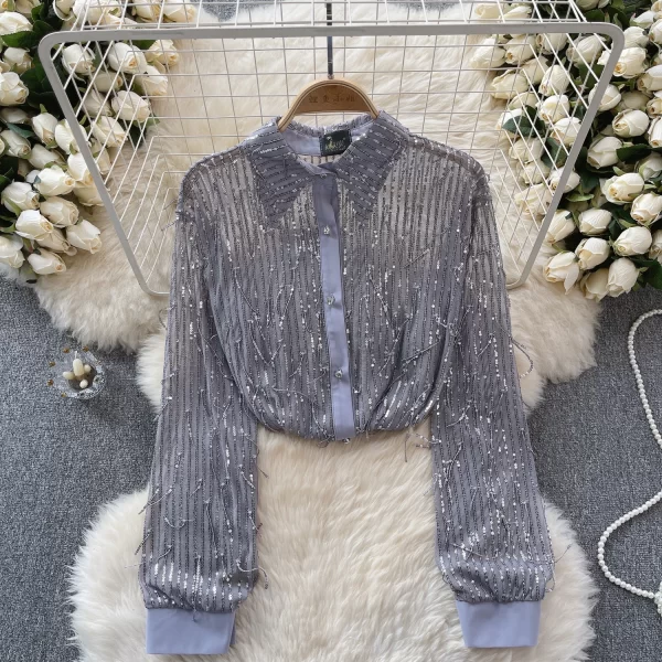 LE4031 Senior Sense Sequin Fringe Shirt Women'S Spring New Thin See-Through Gauze Blouse Shirt - Image 3