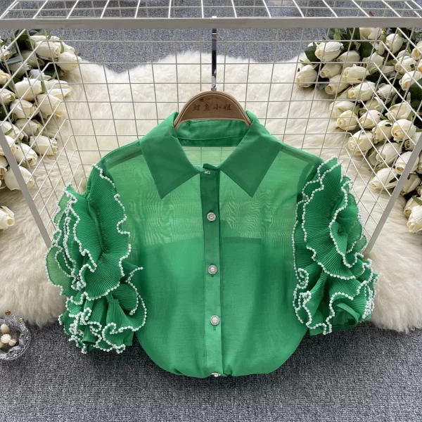 LE4041 Retro Court Gauze Shirt Three-Dimensional Flower Design Sense Niche Unique Daughter Miss Light Luxury Blouse - Image 4