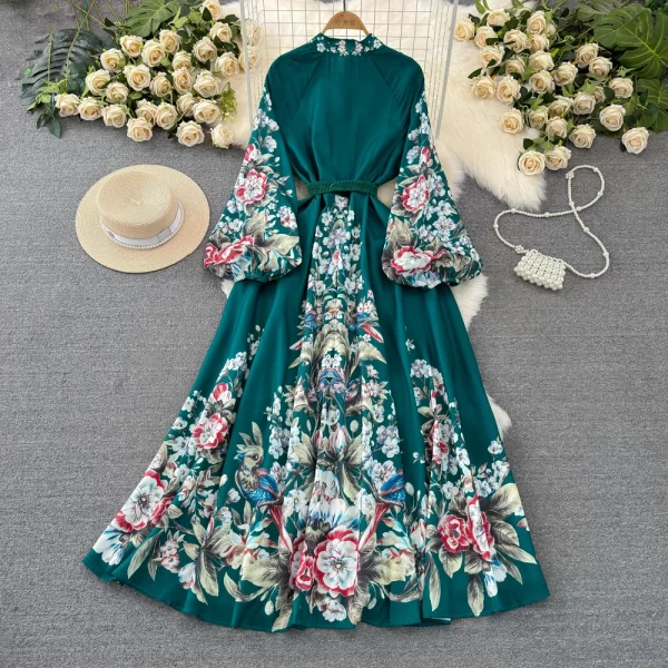 LE1930 Court Style Printed Dress Lantern Long Sleeve Standing Collar Maxi Dresses Woven Belt Elegant Ladies Long Evening Dress - Image 4