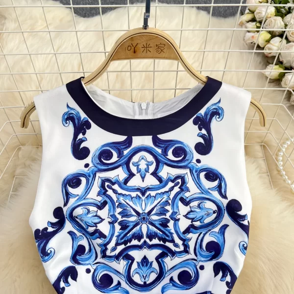 LE1514 Summer Runway Women Elegant Blue and White Porcelain Flower Printing Sleeveless High Waist a Line Tank O Neck Mini Dress - Image 2