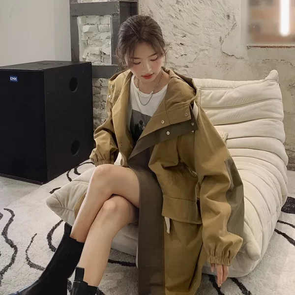 LE4553 Hooded Overalls Trench Coat Female Spring and Autumn Long Small Korean Version Loose Casual Coat