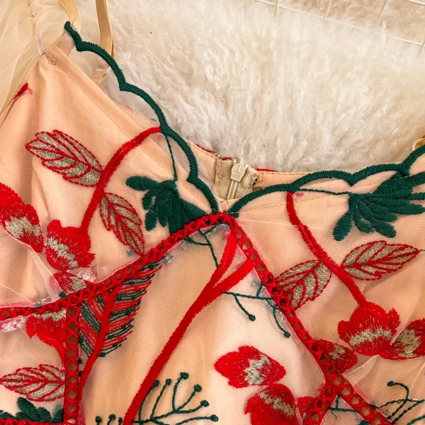 LE2134 Luxury Embroidered Women'S Long Dress Elegant Lantern Sleeve V-Neck Gauze Embroidery Dress Seaside Holiday Long Dress - Image 3