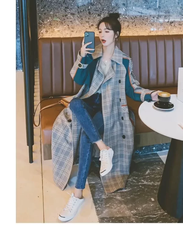 LE4546 New Medium Trench Coat Long Small Autumn Korean Version of Loose Splicing Color Contrast Temperament Coat - Image 3