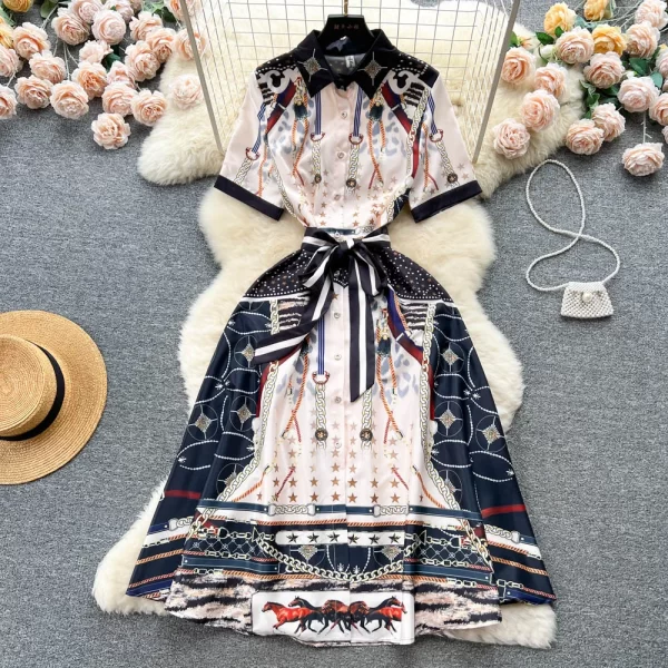 LE1658 Women New Fashion Spring Autumn Court Elegant Printing Single-breasted Thin A-Line Short Sleeve Vintage Dress