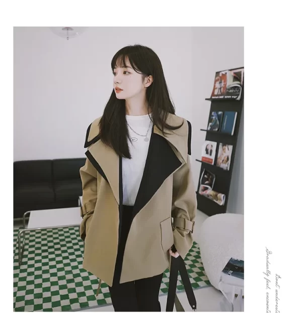LE4559 Spring and Autumn Waist Windbreaker Women Short Loose Thin Man British Style Patchwork Coat Coat Span - Image 5
