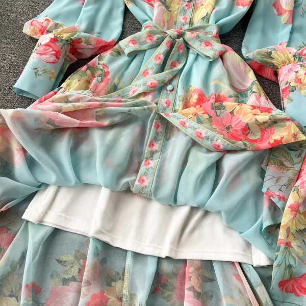 LE1937 French Court Style Long Maxi Dress Spring Women Belted Floral Print Dress Slimming Holiday Flowing Chiffon Evening Dress - Image 4