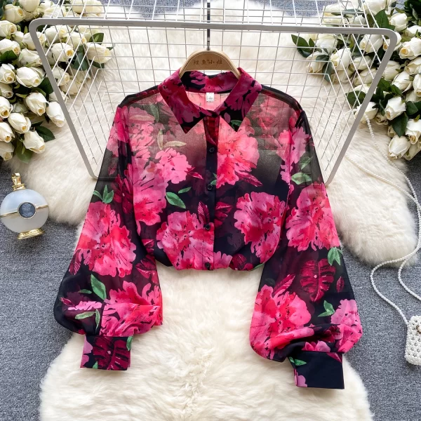LE4016 French Vintage Tulle Floral Shirt Women'S Summer Polo Collar Lantern Sleeve Design Sense of Niche Chic Loose
