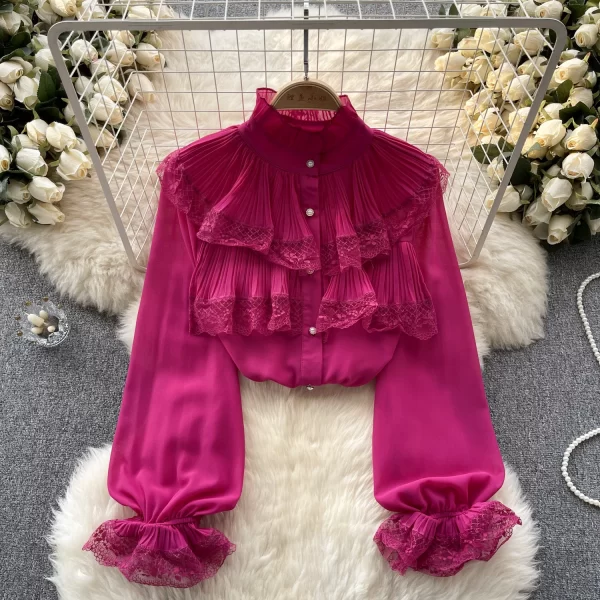 LE4019 Haruhi Blouse for Women Design Sense Heavy Pressed Ruffled Sweet Lace Lace Lace Flared Sleeve Chiffon Blouse for Women - Image 4