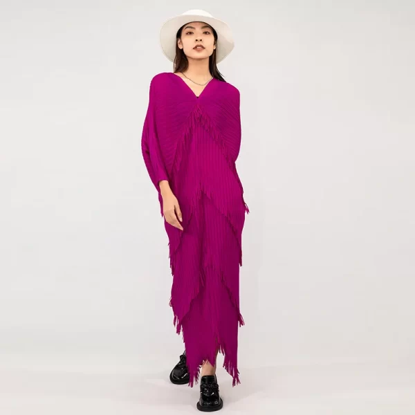 LE1564 Pleated Tassels Dress for Women V-neck Batwing Sleeves Fashion Spliced Dresses Female Clothing Boutique Casual Dress