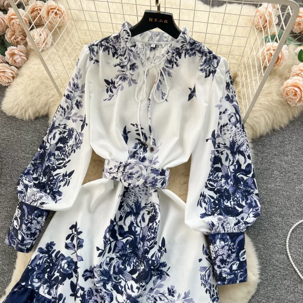 LE1916 2025 Vintage Majolica Printed Evening Dress Sweet V-Neck Belted Peplum Ladies Holiday Office Party Mini Casual Dress - Image 3