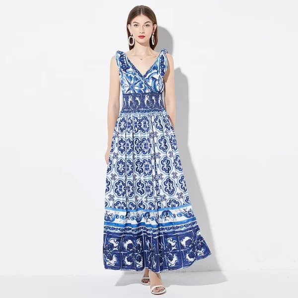 LE2123 Advanced Long Women'S Dress Court Style V-Neck Celadon Maxi Print Dress Elastic Waist  A-Line Elegant Halter Dress - Image 5