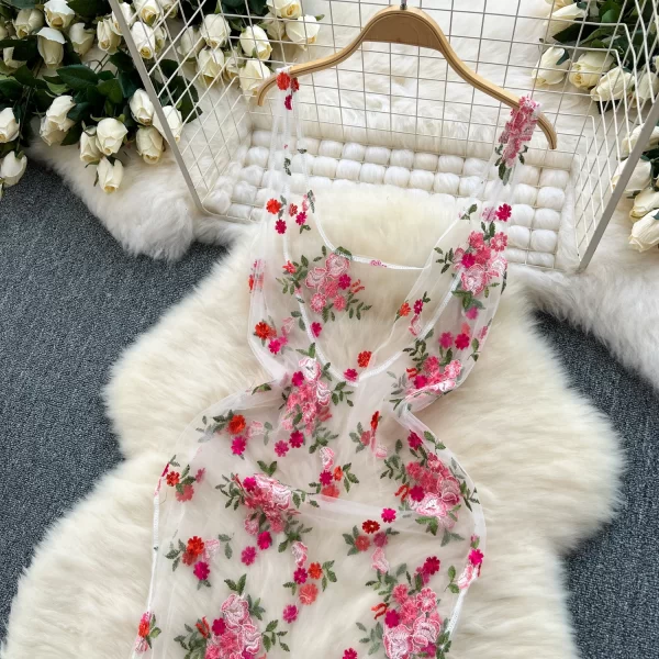 LE2147 in Stock Heavy Flowers Embroidery Mesh Halter Vest Dress Women 2025 Lap Over Streetwear Holiday Midi Slit Lace Dress - Image 3