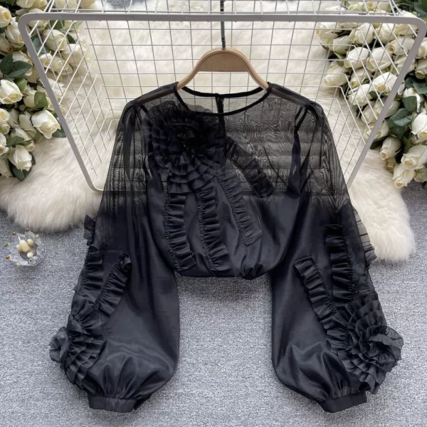 LE4012 French Heavy Industry Three-Dimensional Flower Long-Sleeved Shirt Women Spring and Summer New Sweet Loose Thin Chiffon - Image 5