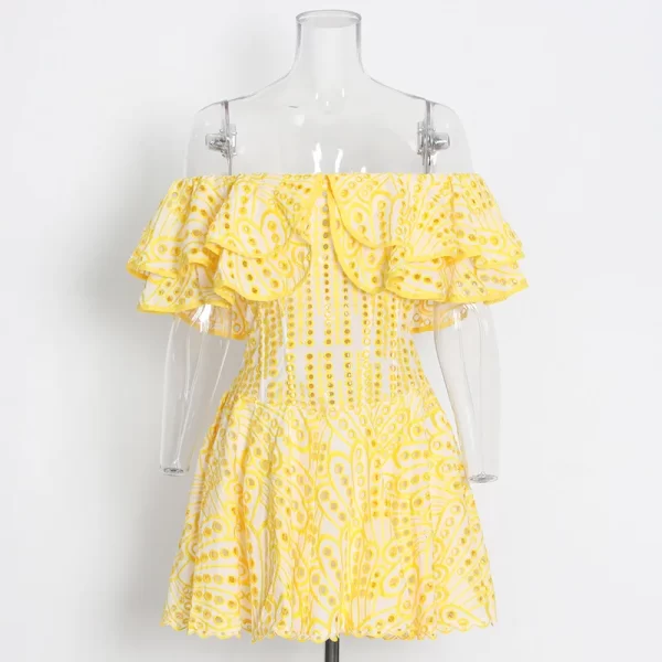 LE1630Cut Out Mini Embroidery Dress for Women Slash Neck Short Sleeve High Waist Solid Minimalist Dresses Female Summer Clothing - Image 3