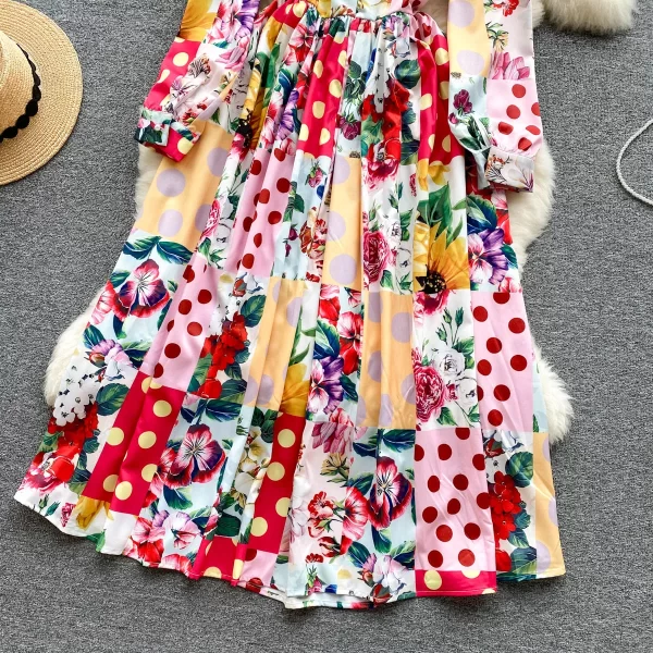 LE1664 Chic Temperament Long-Sleeved Bow Lace-Up Print Dress Business Socialite Party Elegant Lace Multicolor Dress - Image 3