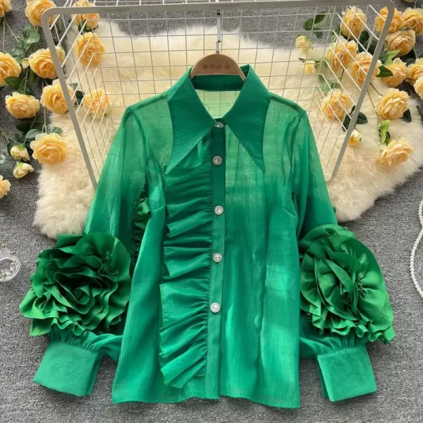 LE4034 New Niche Design Sense Lapel Single Breasted Ruffled Edge Splicing Personality Loose Western Style Shirt Woman